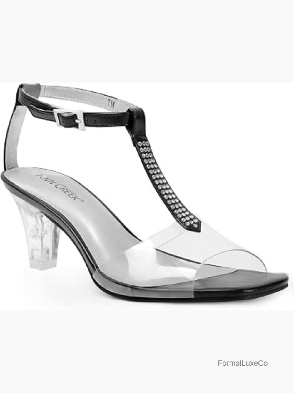 Clear Rhinestone T-Strap Peep Toe Sandals Chunky Block Heel